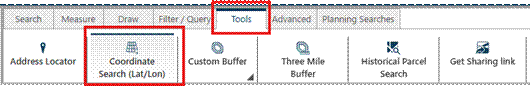 Image of Tools toolbar with Coordinate Search (Lat/Lon) button in red.