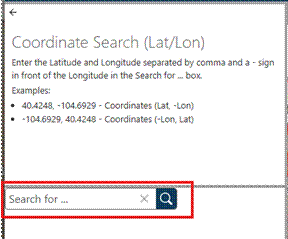 Image of Coordinate Search (Lat/Lon) search dialog with Search for in red.
