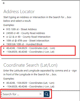 Image of Address Locator dialog with Coordinate search examples highlighted in red.
